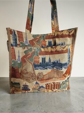 Vtg Y2K Tapestry World Landmarks Tote Bag | Rare Retro Flip Phone Pocket